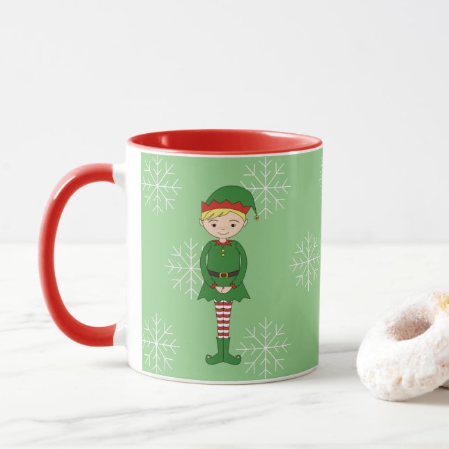 illusima Elf Boy Christmas Snowflakes Light Green Mug (With Donut)