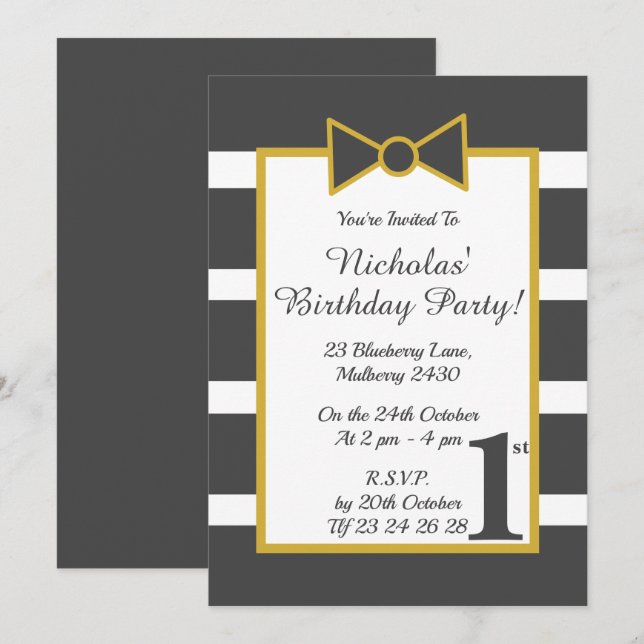illusima  Gray Gold Stripy Boys Bow Birthday Party Invitation (Front/Back)