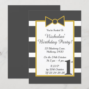 illusima Gray Gold Stripy Boys Bow Birthday Party Invitation