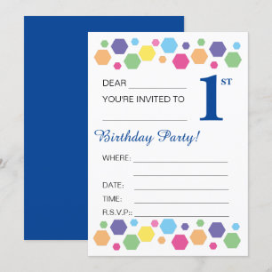 illusima Hexigons, Dark Blue, 1st Birthday Party Invitation