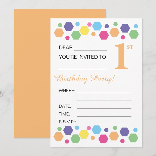 illusima Hexigons, Orange, 1st Birthday Party Invitation (Front/Back)