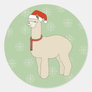 illusima Llama Christmas Hat Snowflakes Green Classic Round Sticker