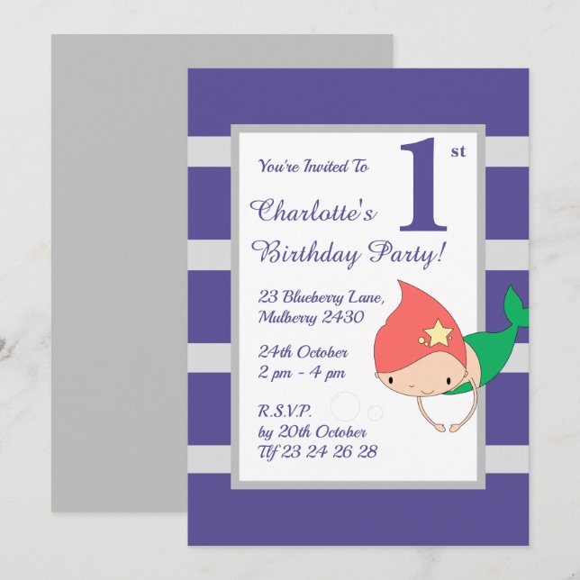 illusima Mermaid Purple Girls Birthday Party Invitation (Front/Back)