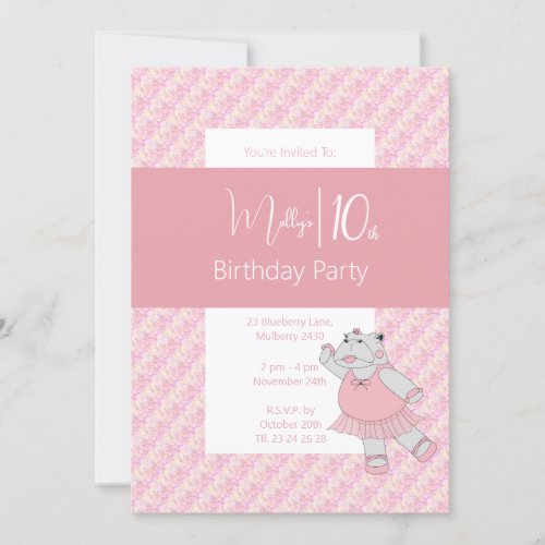 illusima Pink Ballerina Hippo 10th Birthday Invitation