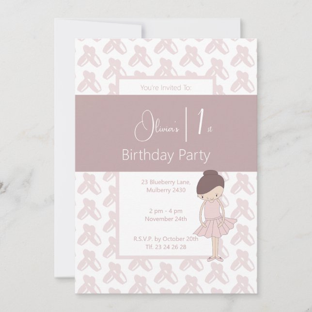 illusima Pink Ballerina Shoes Pattern 1st Birthday Invitation (Front)