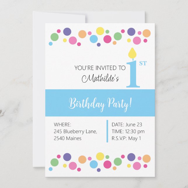illusima Rainbow Circles, Blue Back, 1st Birthday Invitation (Front)