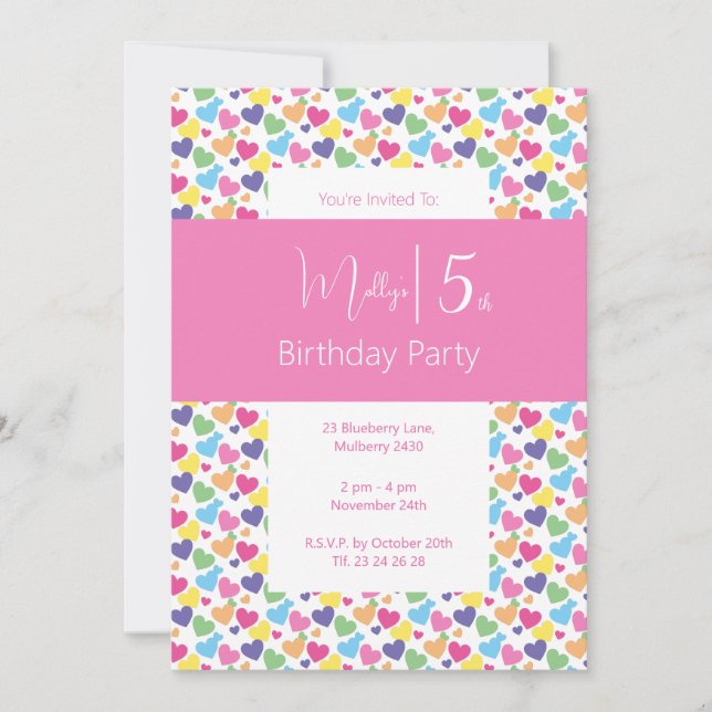 illusima Rainbow Love Hearts Girls 5th Birthday Invitation (Front)