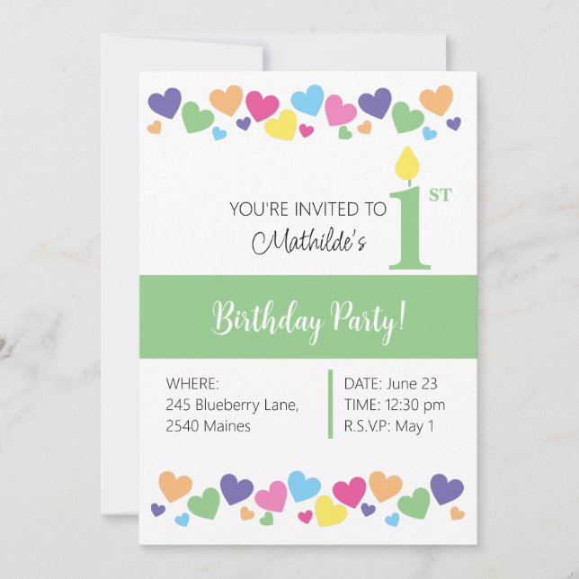 illusima Rainbow Love Hearts, Green 1st Birthday Invitation (Front)
