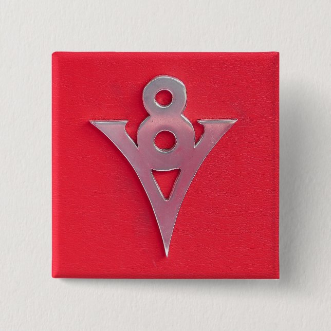 Illusion Chrome V8 Emblem on Red Leather Pinback Button (Front)