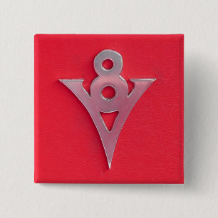 Illusion Chrome V8 Emblem on Red Leather Pinback Button