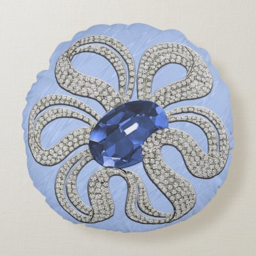 Illusionary Jeweled Flower on Blue or Silver Moir Round Pillow