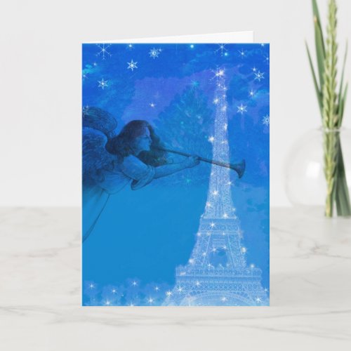 illustrated angel over paris nocturne holiday card