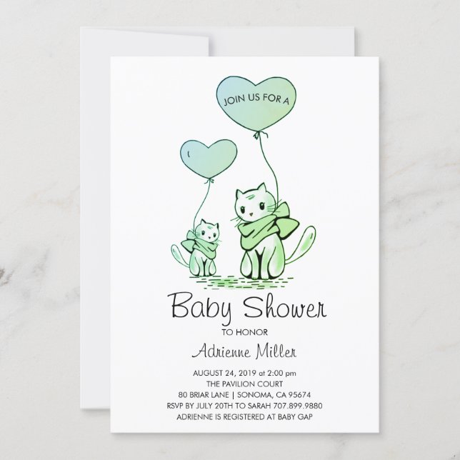 Illustrated Baby Shower Kittens And Balloons Invitation (Front)