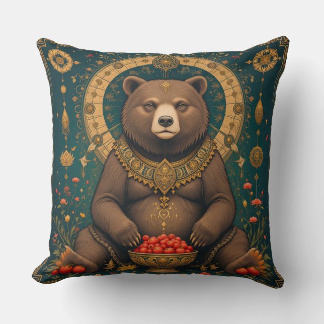 Illustrated Bear with Ornamental Design Throw Pillow (Front)
