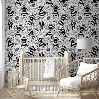 Illustrated Bee Pattern Black and White Paintable Wallpaper