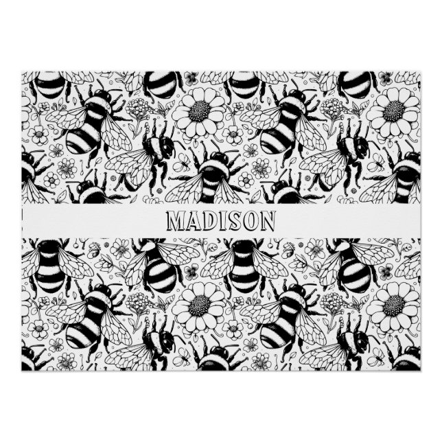 Illustrated Bee Pattern Personalized Coloring Poster (Front)