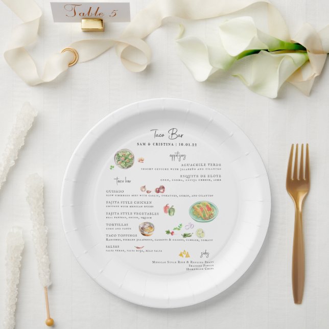 Illustrated Bespoke | Taco Bar Wedding Menu Paper Plates (Wedding)