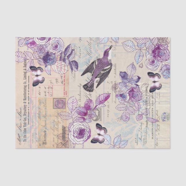 Illustrated Bird with Flowers in Purple Collage Tissue Paper (Front)