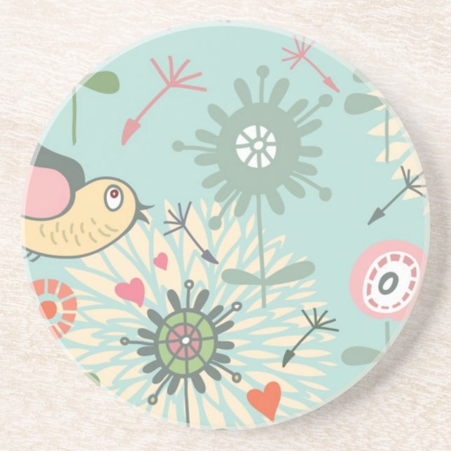 Illustrated Birds and Spring Flowers Drink Coaster (Front)