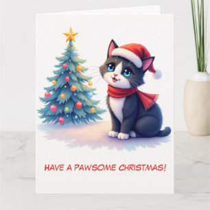 Illustrated Black and White Cat and Christmas Tree Card