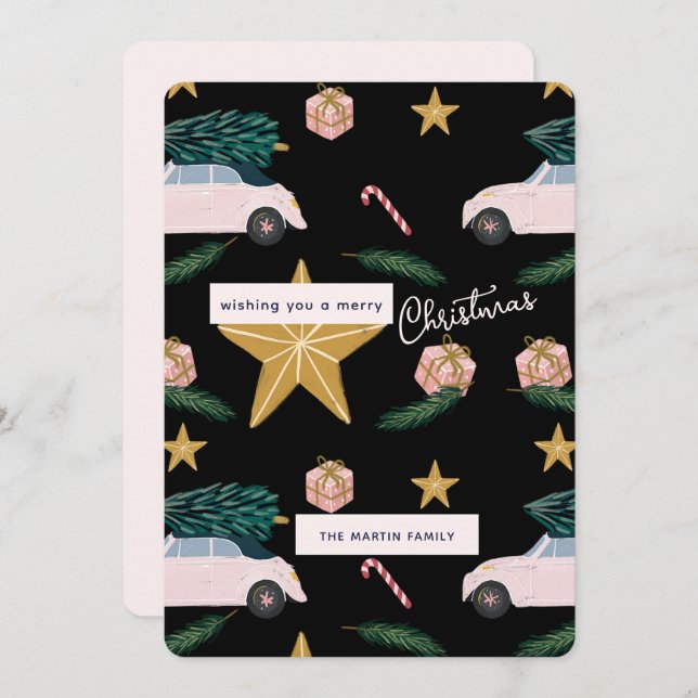 Illustrated Black Pink Christmas Tree Cars Holiday (Front/Back)