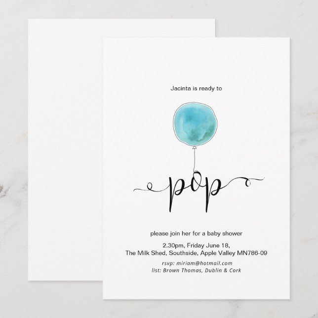 Illustrated Blue Balloon Ready to Pop Baby Shower Invitation (Front/Back)
