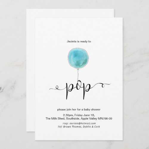 Illustrated Blue Balloon Ready to Pop Baby Shower Invitation