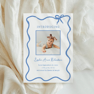 Illustrated Blue French Bow Baby Birth Announcement