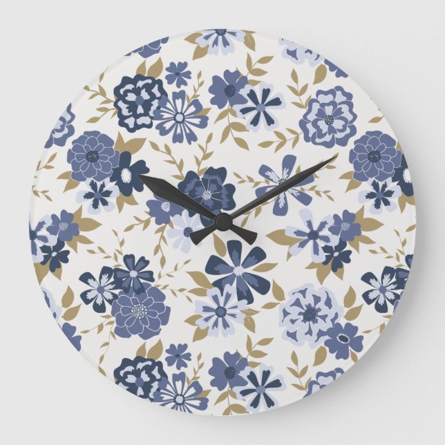 Illustrated Blue Simple Flowers Vines Botanical Large Clock (Front)