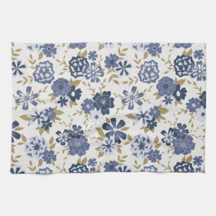 Illustrated Blue Vector Botanical Flowers Vines Kitchen Towel