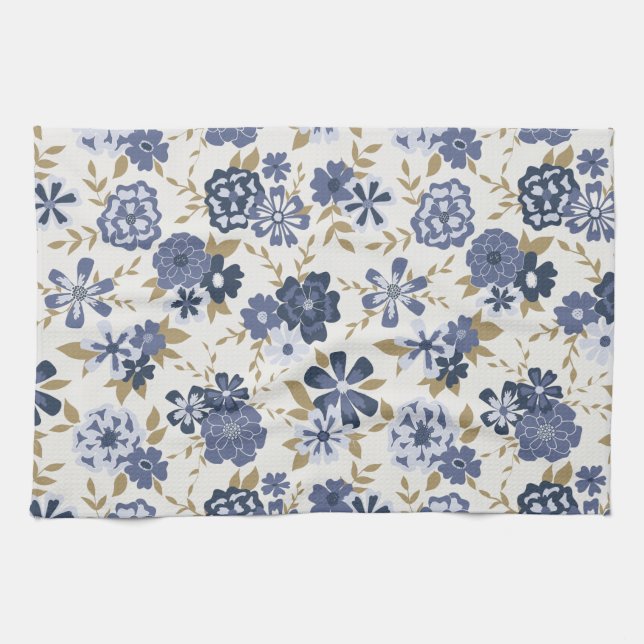 Illustrated Blue Vector Botanical Flowers Vines Kitchen Towel (Horizontal)
