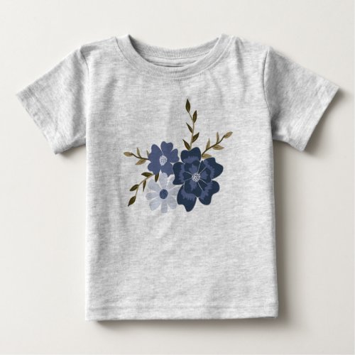  Illustrated Blue Vector Flowers Vines Botanical Baby T_Shirt