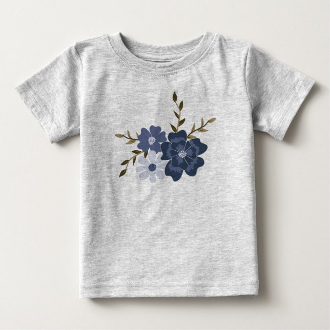  Illustrated Blue Vector Flowers Vines Botanical Baby T-Shirt (Front)