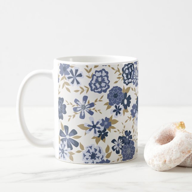 Illustrated Blue Vector Flowers Vines Coffee Mug (With Donut)