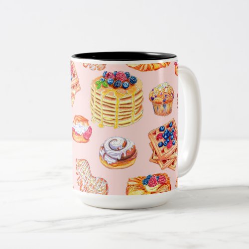 Illustrated Breakfast Sweet Treats in Retro Style Two_Tone Coffee Mug
