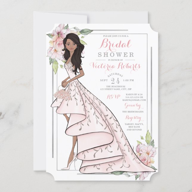 Illustrated Bride Floral Bridal Shower Invitation (Front)