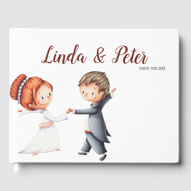 Illustrated Bride Groom Dancing Waltz Wedding Guest Book (Front)