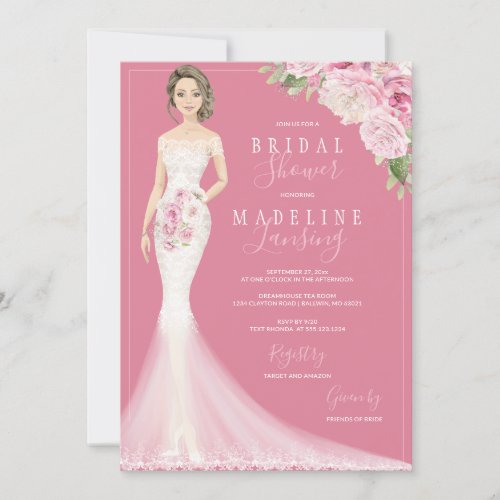 Illustrated Bride in Lace Gown Bridal Shower Invitation