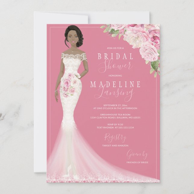 Illustrated Bride in Lace Gown Bridal Shower Invitation (Front)