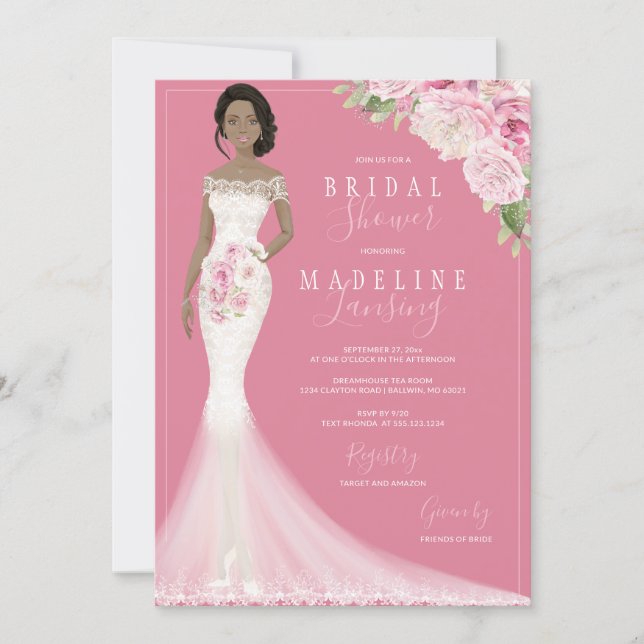 Illustrated Bride in Lace Gown Bridal Shower Invitation (Front)