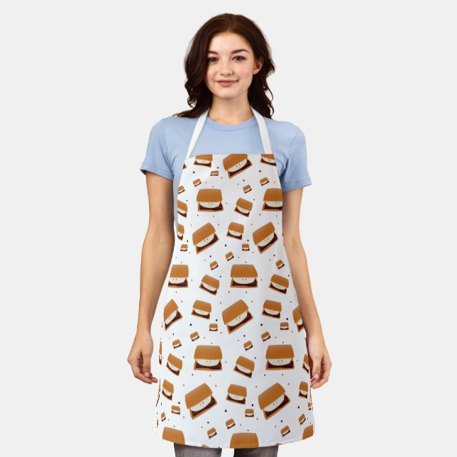 Illustrated Brown White Smiling S'more Pattern Apron (Worn)
