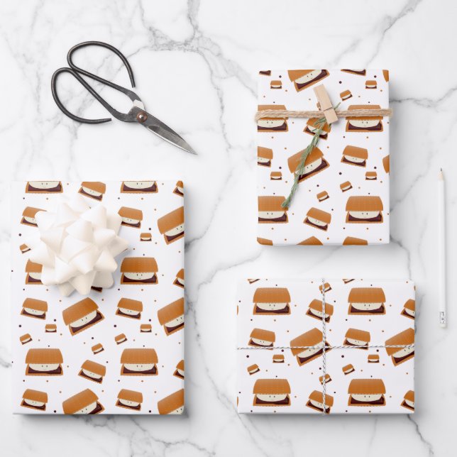 Illustrated Brown White Smiling Smore Pattern Wrapping Paper Sheets (Front)
