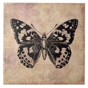 Illustrated Butterfly Vintage Art & Floral Script Ceramic Tile