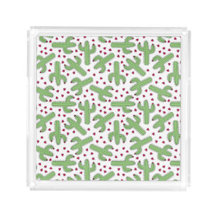 Illustrated Cactus & Pink Flowers Pattern Acrylic Tray