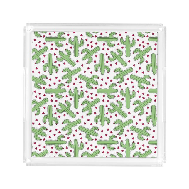 Illustrated Cactus & Pink Flowers Pattern Acrylic Tray (Front)
