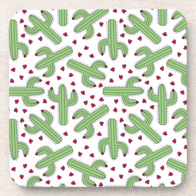 Illustrated Cactus & Pink Flowers Pattern Beverage Coaster (Front)