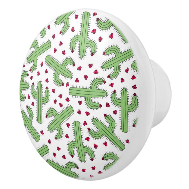 Illustrated Cactus & Pink Flowers Pattern Ceramic Knob (Right)