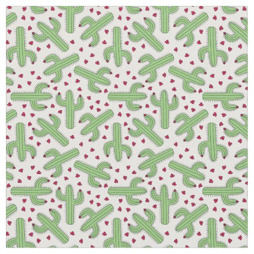 Illustrated Cactus & Pink Flowers Pattern Fabric