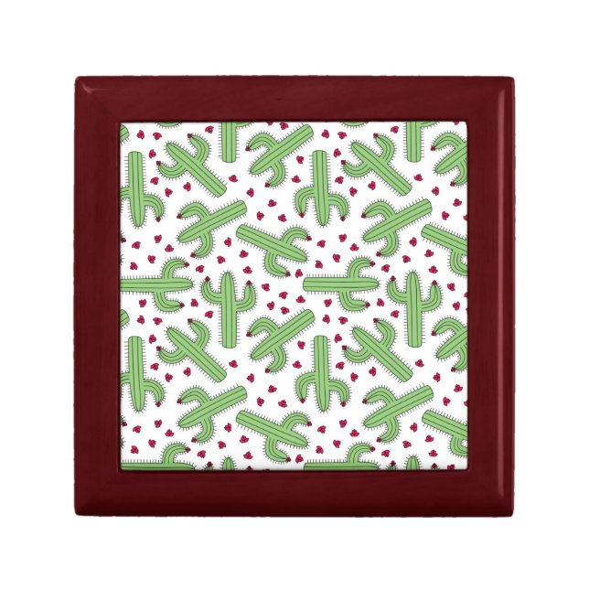 Illustrated Cactus & Pink Flowers Pattern Jewelry Box (Front)