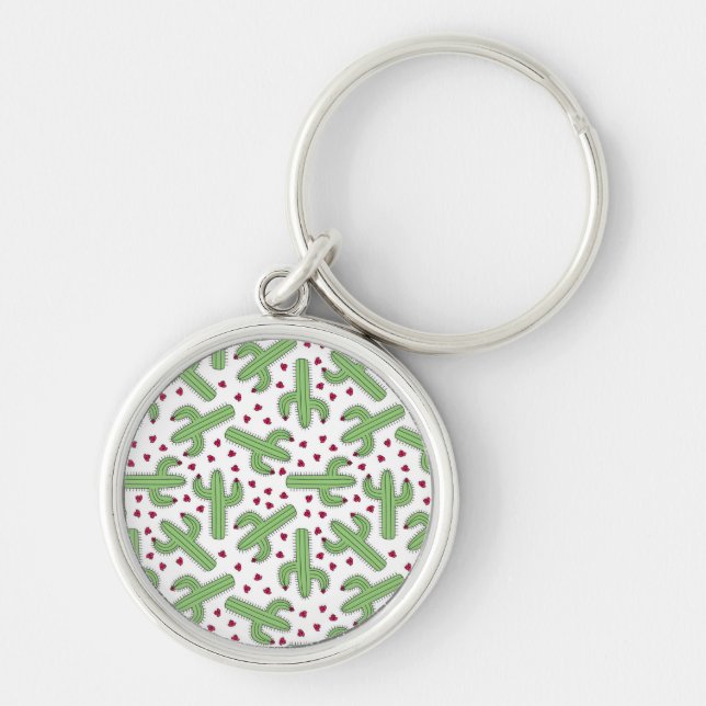 Illustrated Cactus & Pink Flowers Pattern Keychain (Front)